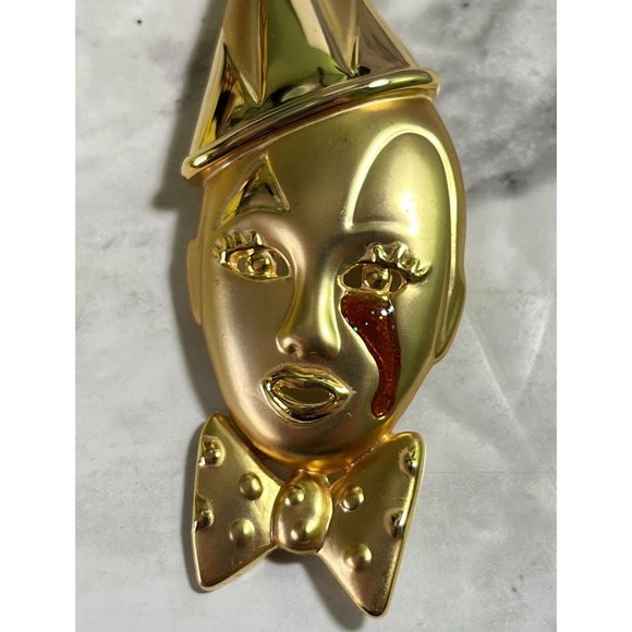 Crying Circus Clown Face Brooch Gold Tone Pin Sad Jester Head 3" - Picture 4 of 6